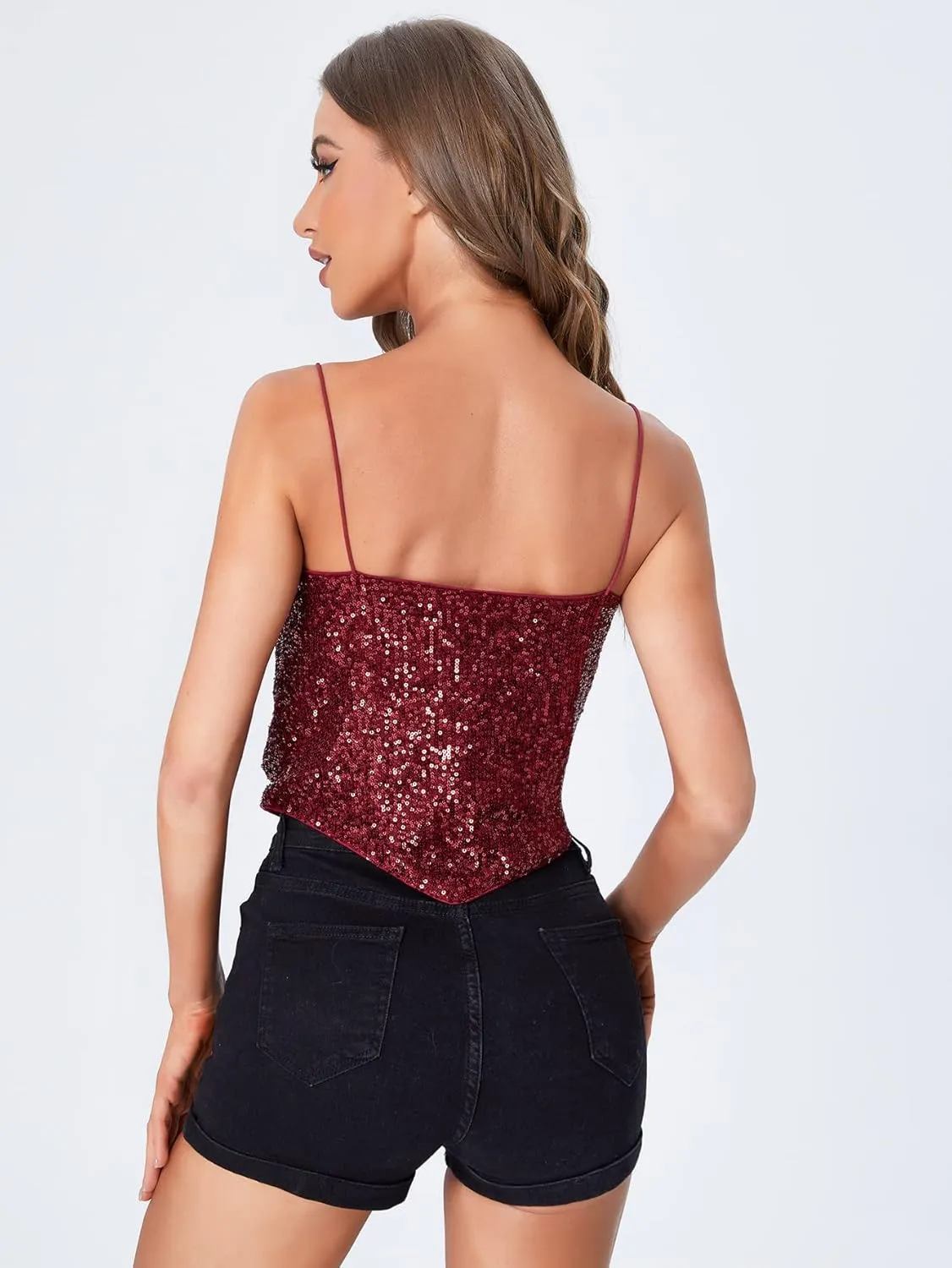 SweatyRocks Women's Sleeveless Sparkle Sequin Cami Crop Top Spaghetti Strap Party Tops