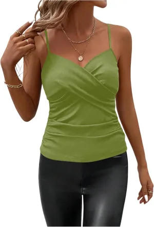 SweatyRocks Women's Twist Wrap V Neck Spaghetti Strap Ruched Camisole Tank Top