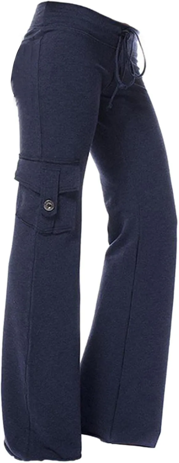 TANGNADE Womens Cargo Pants High Waist Wide Leg Pants with Pockets Drawstring Yoga Workout Leggings Gym Trouser Pants