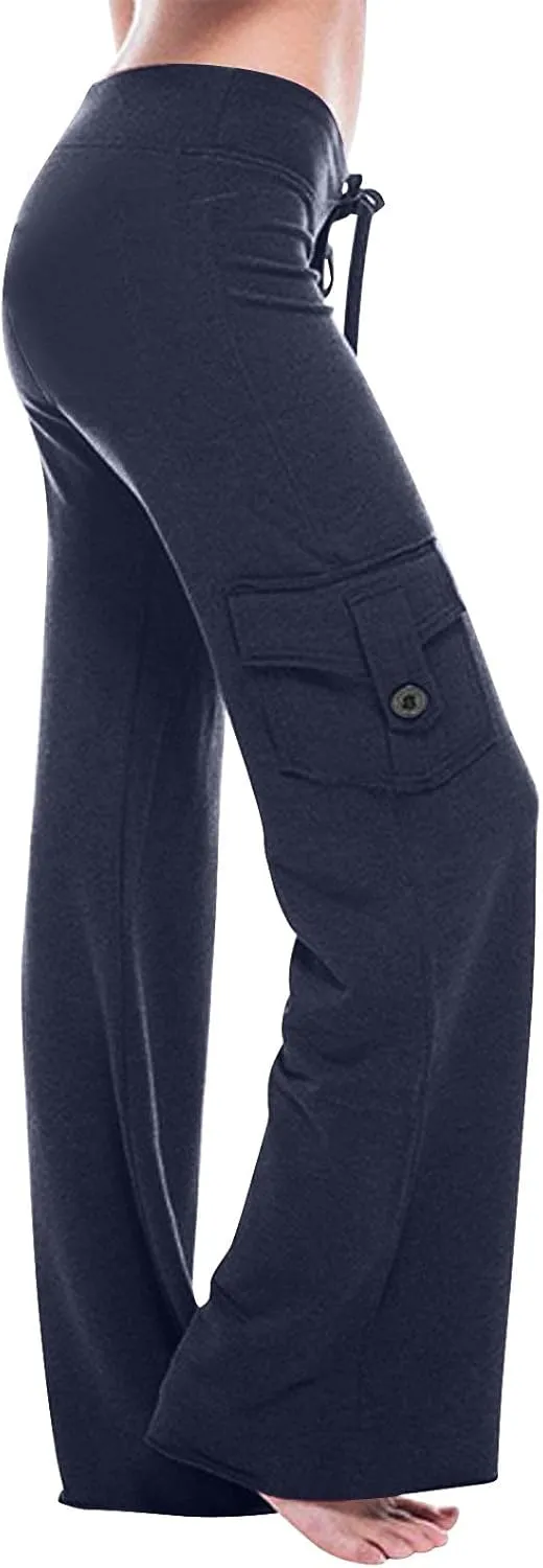 TANGNADE Womens Cargo Pants High Waist Wide Leg Pants with Pockets Drawstring Yoga Workout Leggings Gym Trouser Pants