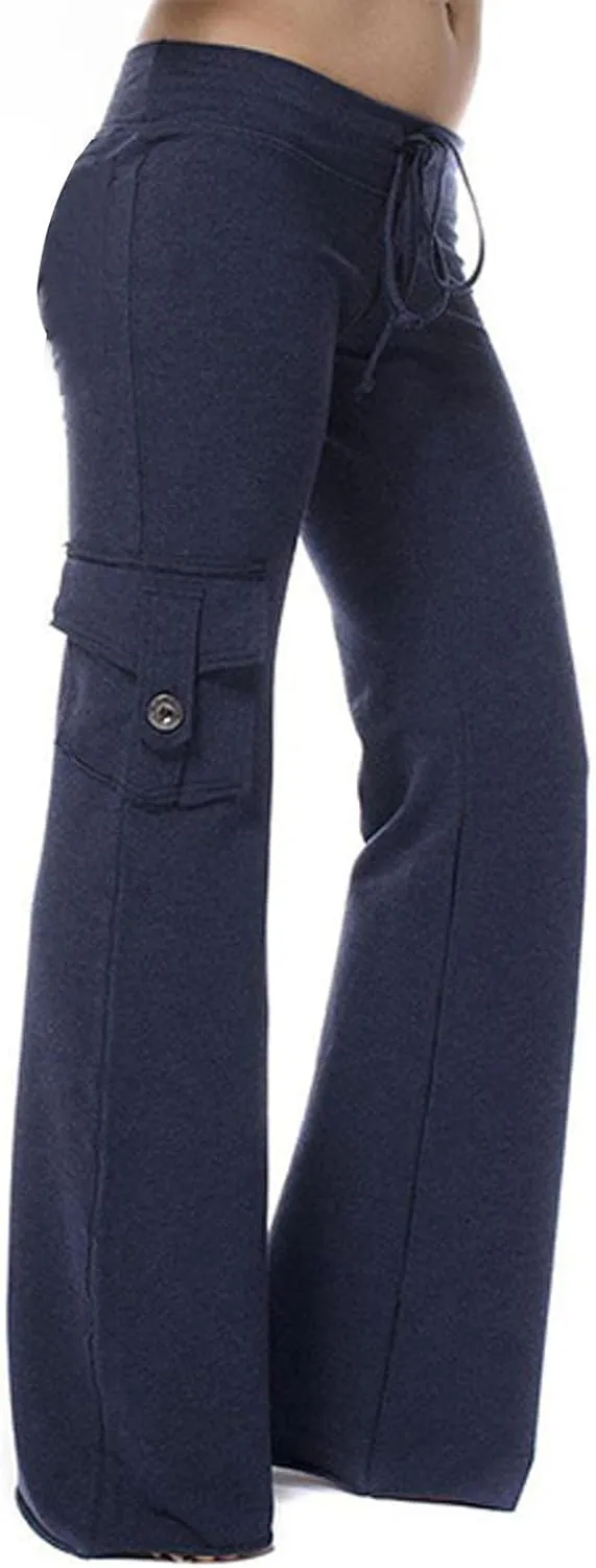 TANGNADE Womens Cargo Pants High Waist Wide Leg Pants with Pockets Drawstring Yoga Workout Leggings Gym Trouser Pants