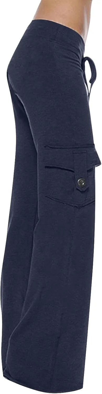 TANGNADE Womens Cargo Pants High Waist Wide Leg Pants with Pockets Drawstring Yoga Workout Leggings Gym Trouser Pants