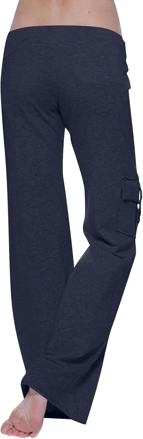 TANGNADE Womens Cargo Pants High Waist Wide Leg Pants with Pockets Drawstring Yoga Workout Leggings Gym Trouser Pants
