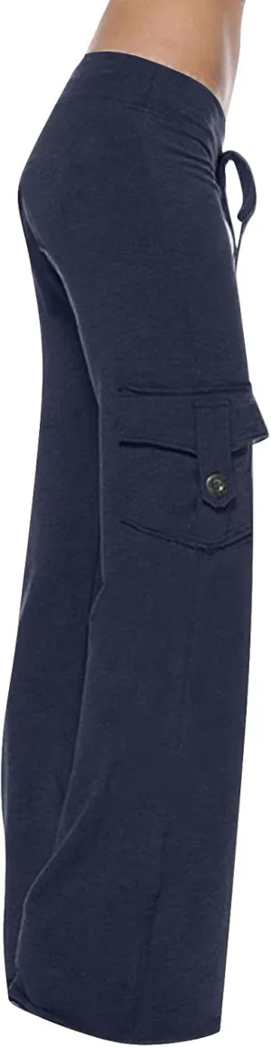 TANGNADE Womens Cargo Pants High Waist Wide Leg Pants with Pockets Drawstring Yoga Workout Leggings Gym Trouser Pants