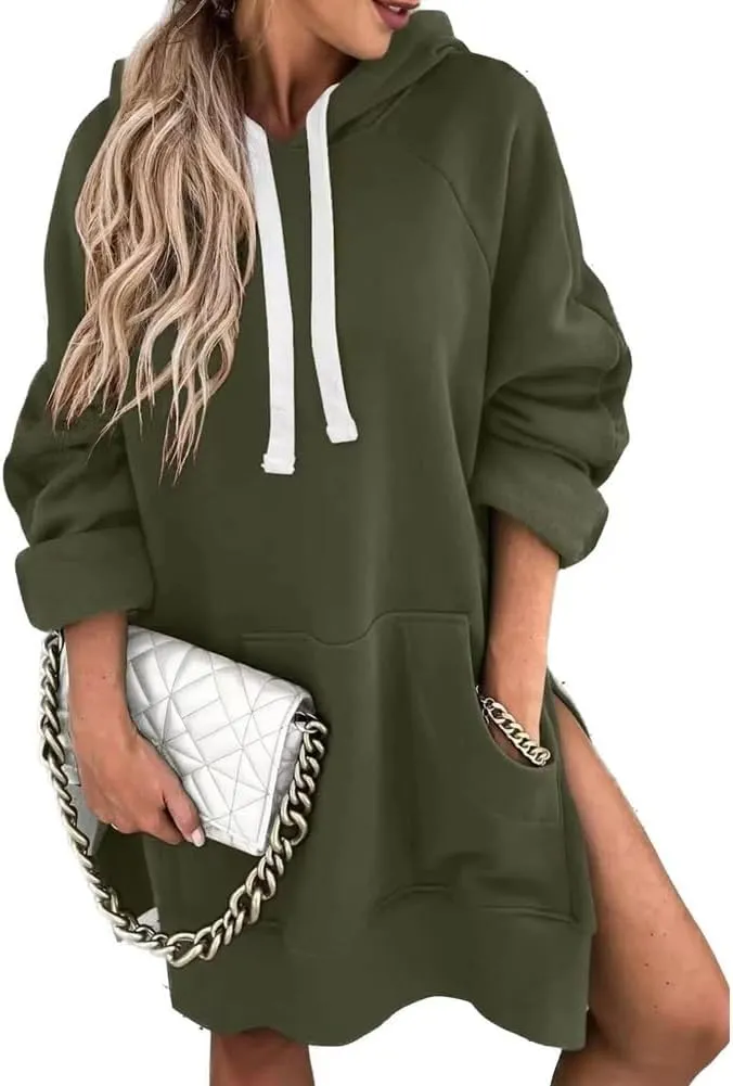 The Warmy Oversized Hoodie Dress Women, Split Hem Sweatshirt, First Ones Women's Long Sleeve Pullover with Pockets
