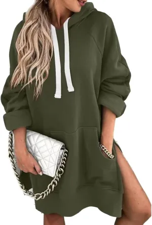 The Warmy Oversized Hoodie Dress Women, Split Hem Sweatshirt, First Ones Women's Long Sleeve Pullover with Pockets