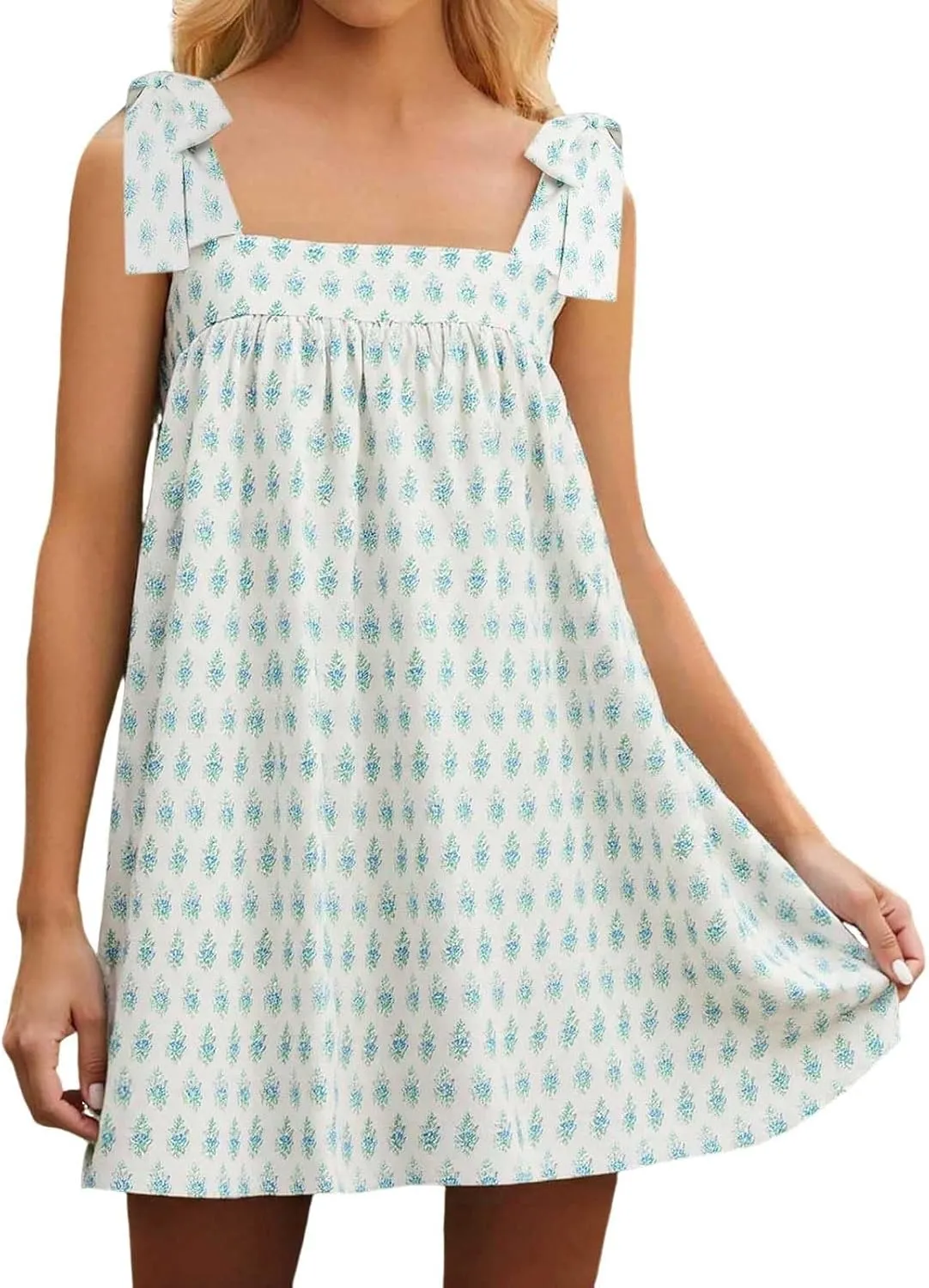 Tie Shoulder Mini Dress for Women Cute Polka Dot Square Neck Beach Short Dress Loose Fit Swing Vocation Sundress