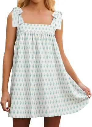Tie Shoulder Mini Dress for Women Cute Polka Dot Square Neck Beach Short Dress Loose Fit Swing Vocation Sundress