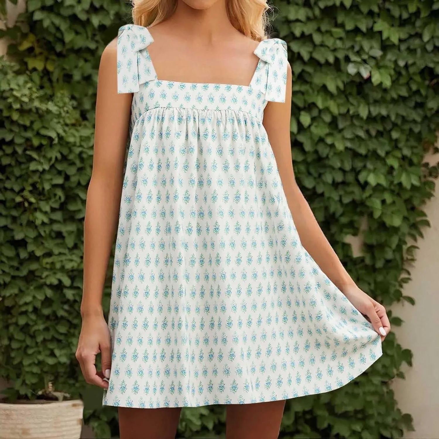 Tie Shoulder Mini Dress for Women Cute Polka Dot Square Neck Beach Short Dress Loose Fit Swing Vocation Sundress