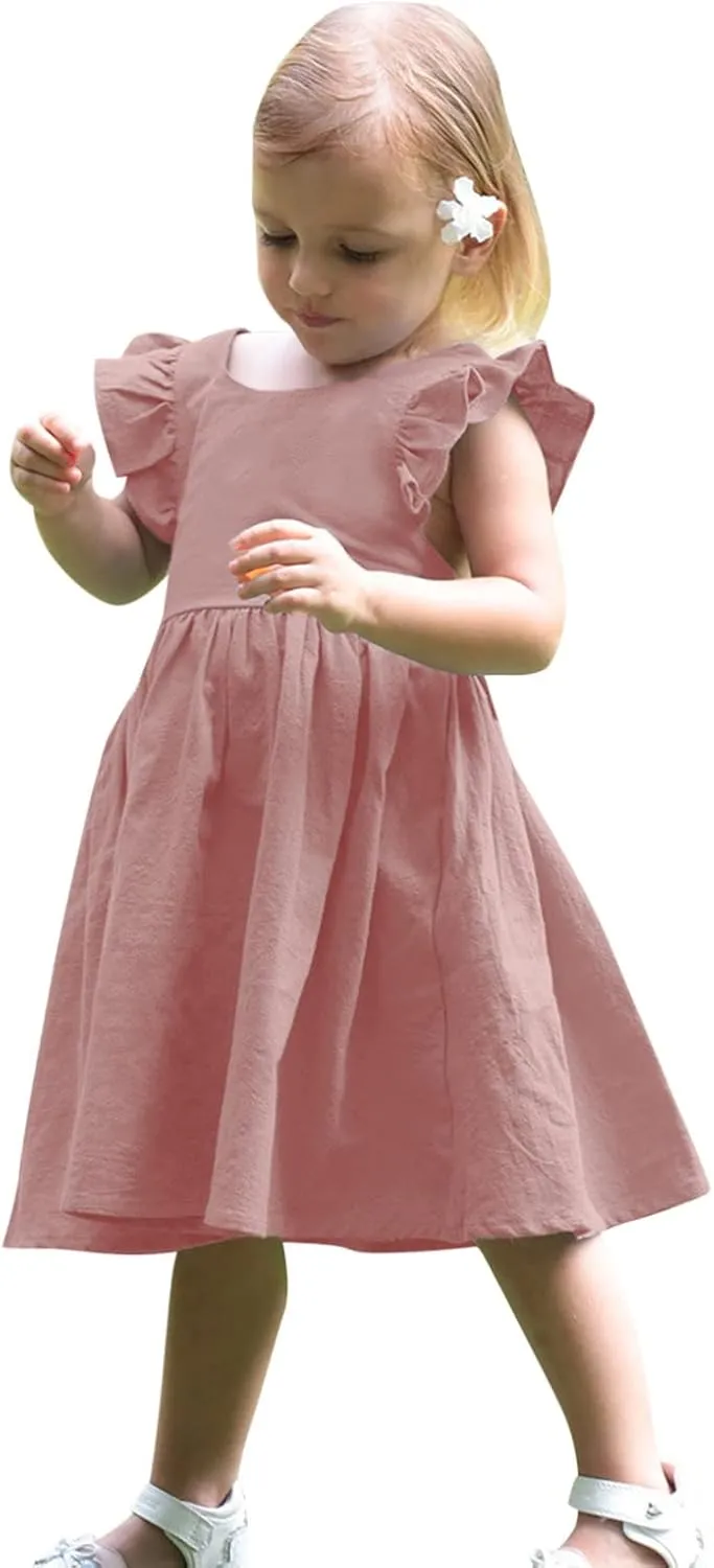 Toddler Linen Dress Baby Girls Ruffle Sleeveless Casual Party Dresses Summer Beach Sundress Mini Dresses