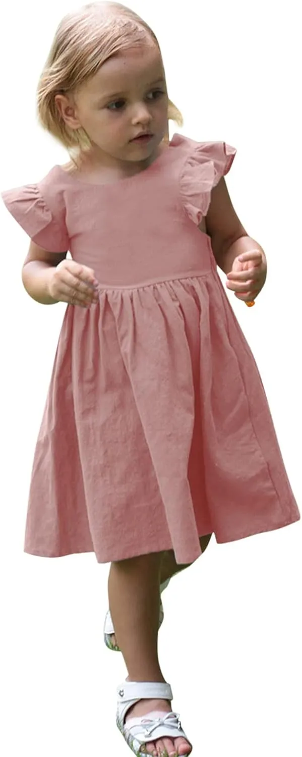 Toddler Linen Dress Baby Girls Ruffle Sleeveless Casual Party Dresses Summer Beach Sundress Mini Dresses