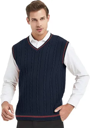 TopTie Men's V-Neck Cotton Twist Knit Sweater Vest Green and Red Trim