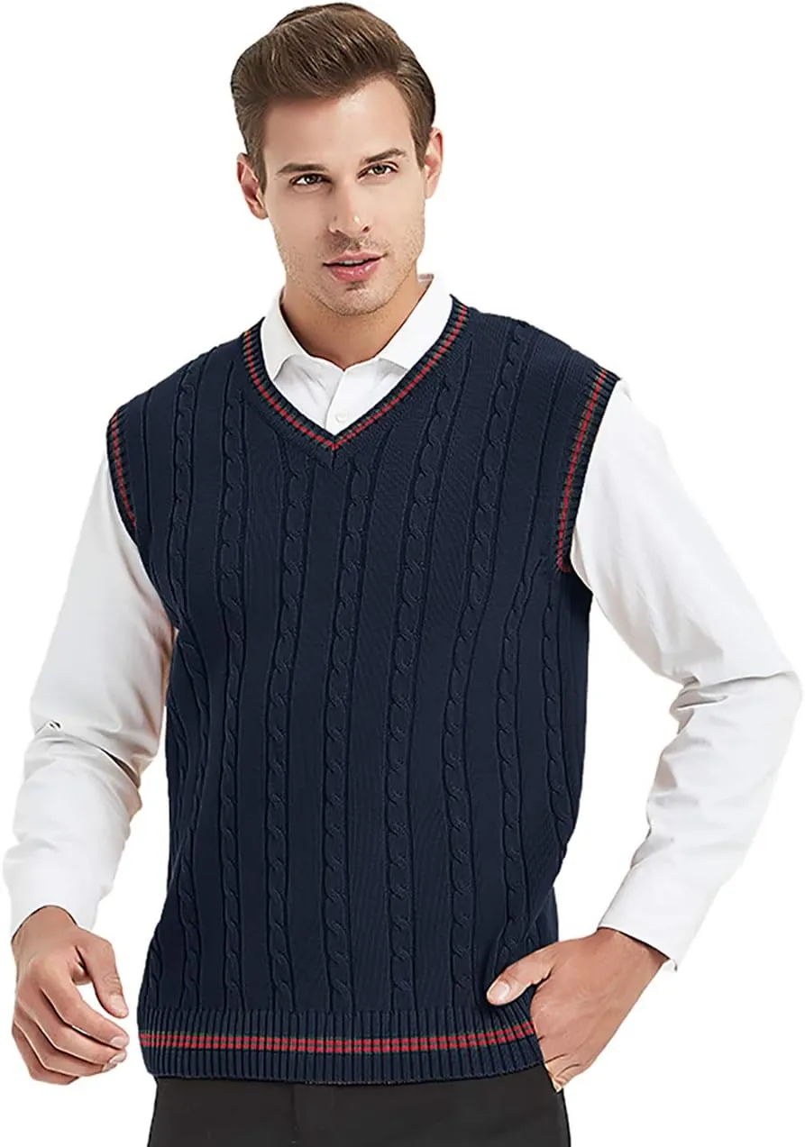 TopTie Men's V-Neck Cotton Twist Knit Sweater Vest Green and Red Trim