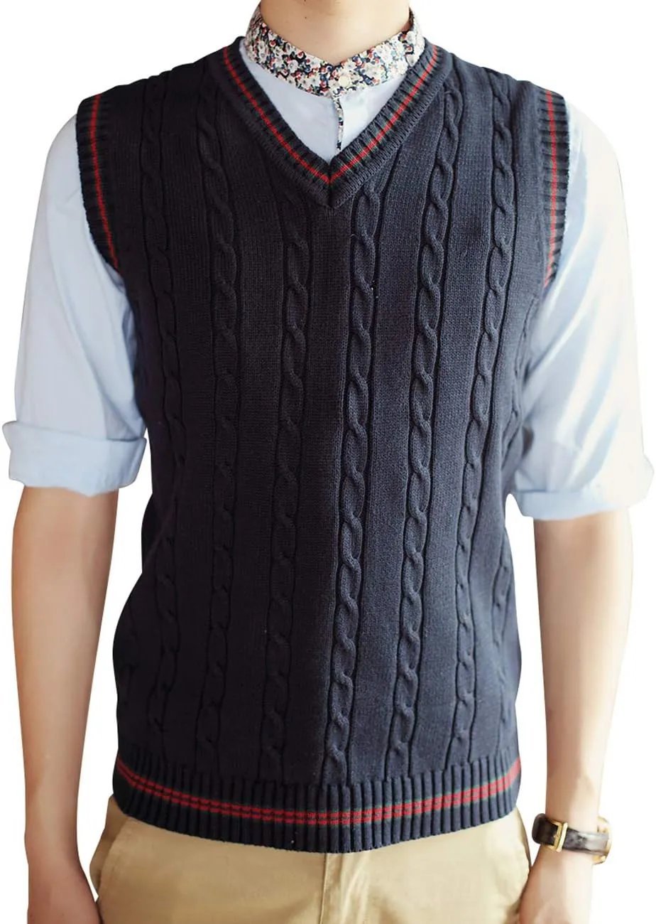 TopTie Men's V-Neck Cotton Twist Knit Sweater Vest Green and Red Trim
