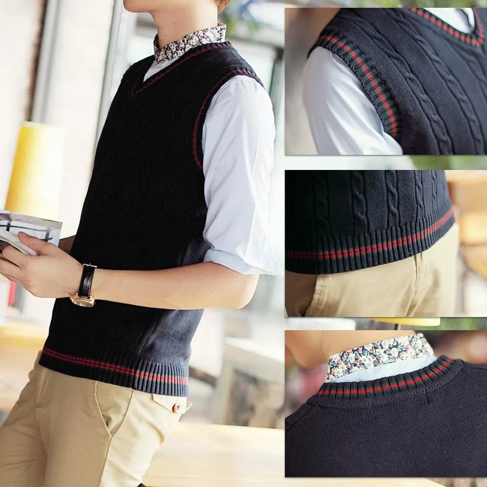 TopTie Men's V-Neck Cotton Twist Knit Sweater Vest Green and Red Trim