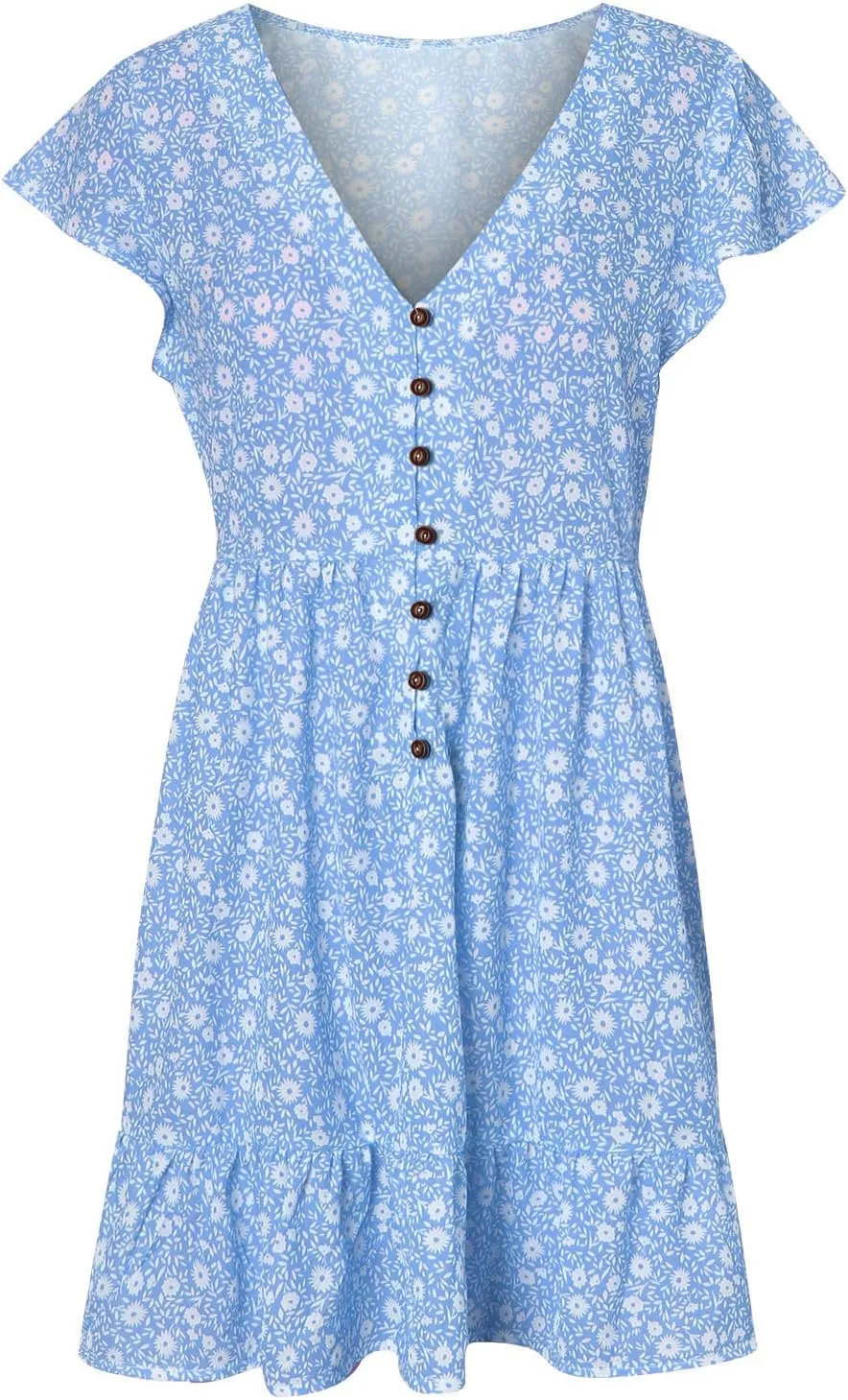 tuduoms Summer Women's Chiffon Floral Ruffle Dress Cute Sexy Cap Sleeves V Neck A-line Loose Flowy Swing Mini Short Dresses