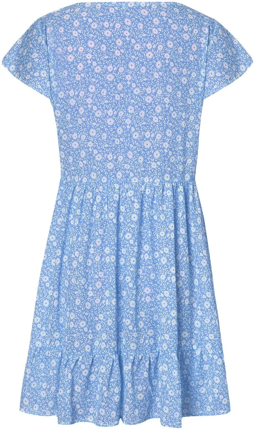 tuduoms Summer Women's Chiffon Floral Ruffle Dress Cute Sexy Cap Sleeves V Neck A-line Loose Flowy Swing Mini Short Dresses