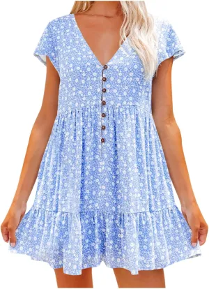tuduoms Summer Women's Chiffon Floral Ruffle Dress Cute Sexy Cap Sleeves V Neck A-line Loose Flowy Swing Mini Short Dresses