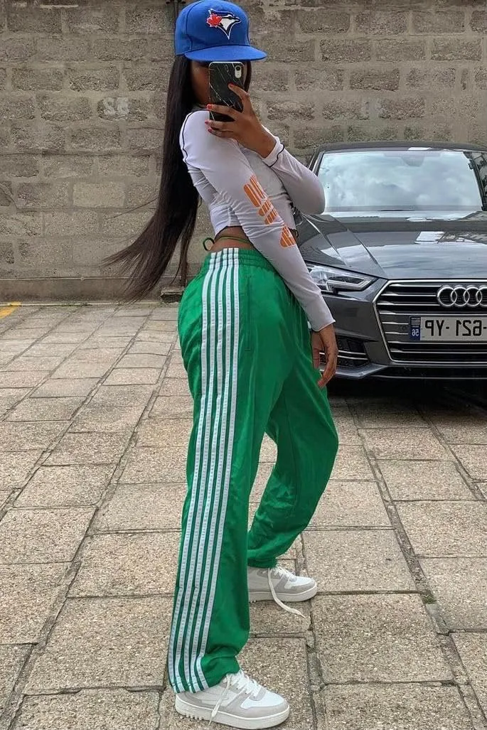 UAURORAO Women Y2k Track Pants Baggy Striped Joggers Sweatpants Elastic Waist Color Block Parachute Pants with Pockets