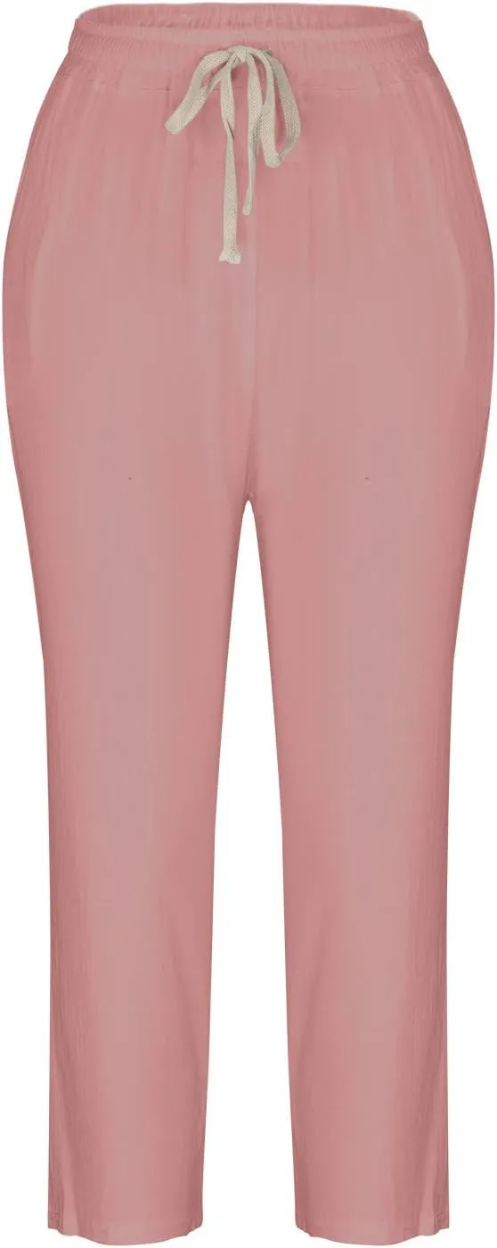 Uillui Womens Cotton Linen Harem Pants Summer Casual Tapered Cropped Baggy Lounge Trouser Lightweight Loose Yoga Capri Pants