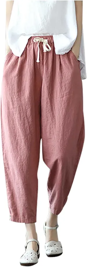 Uillui Womens Cotton Linen Harem Pants Summer Casual Tapered Cropped Baggy Lounge Trouser Lightweight Loose Yoga Capri Pants