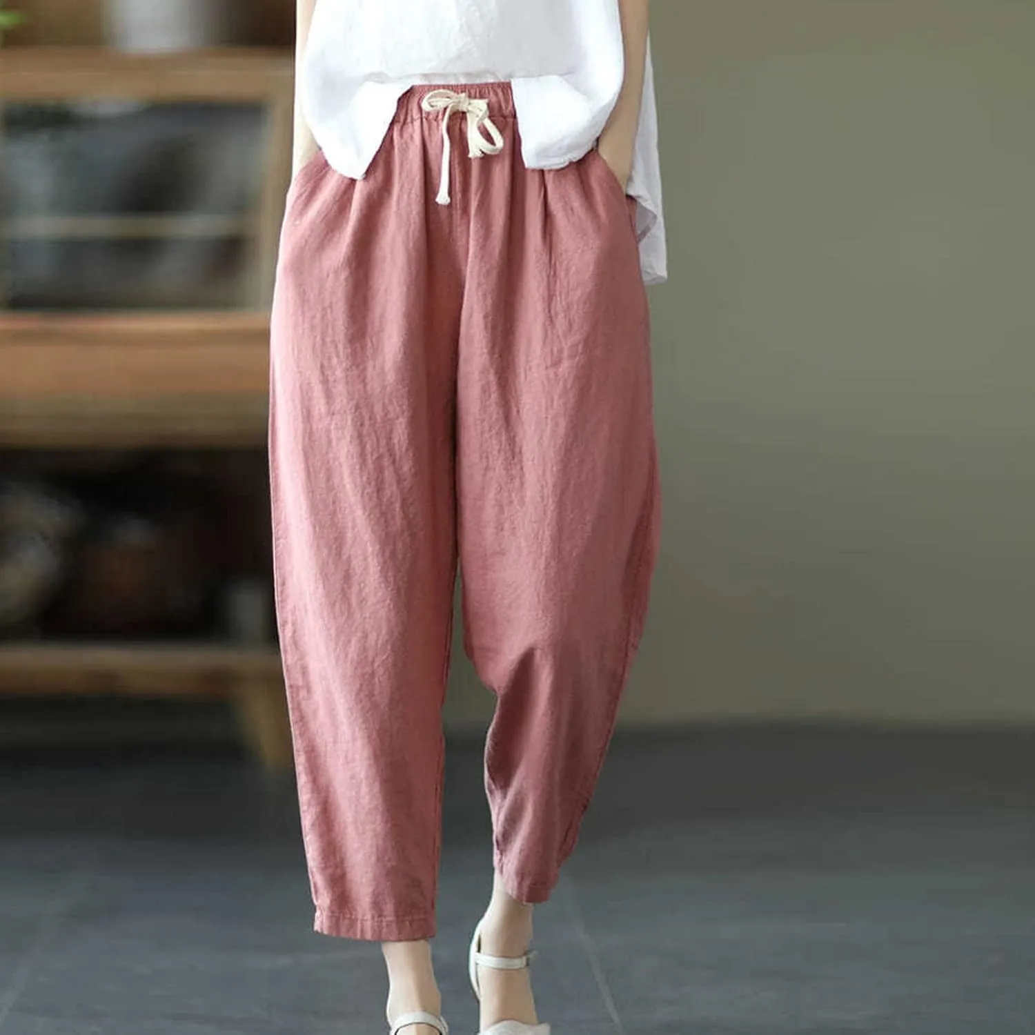 Uillui Womens Cotton Linen Harem Pants Summer Casual Tapered Cropped Baggy Lounge Trouser Lightweight Loose Yoga Capri Pants