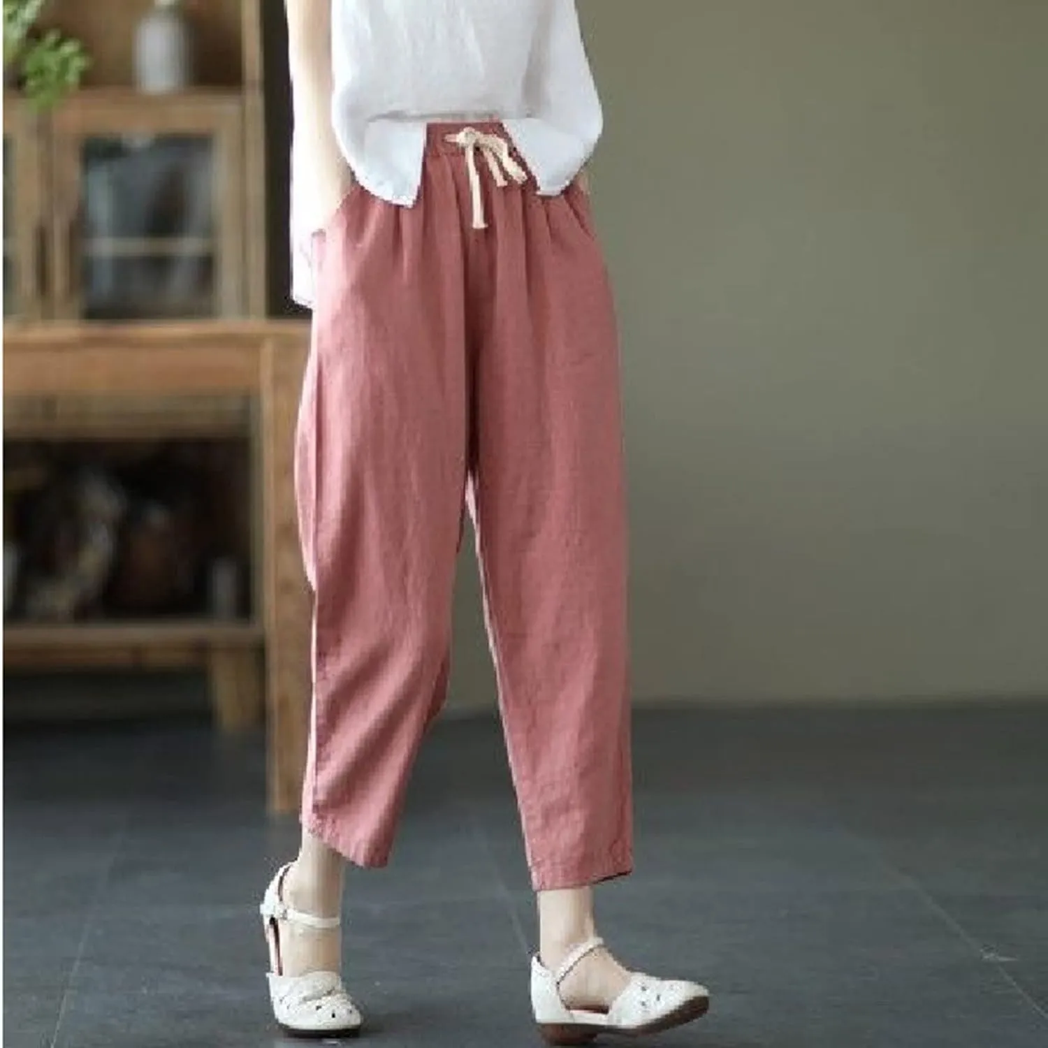 Uillui Womens Cotton Linen Harem Pants Summer Casual Tapered Cropped Baggy Lounge Trouser Lightweight Loose Yoga Capri Pants