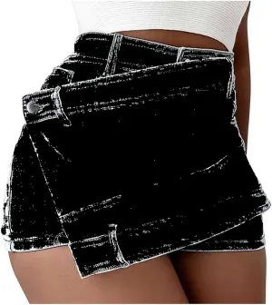 Uillui Women's Y2K Distressed Booty Denim Skorts Trendy High Waist Asymmetrical Hem Stretchy Skinny Jean Skorts Skirt Shorts