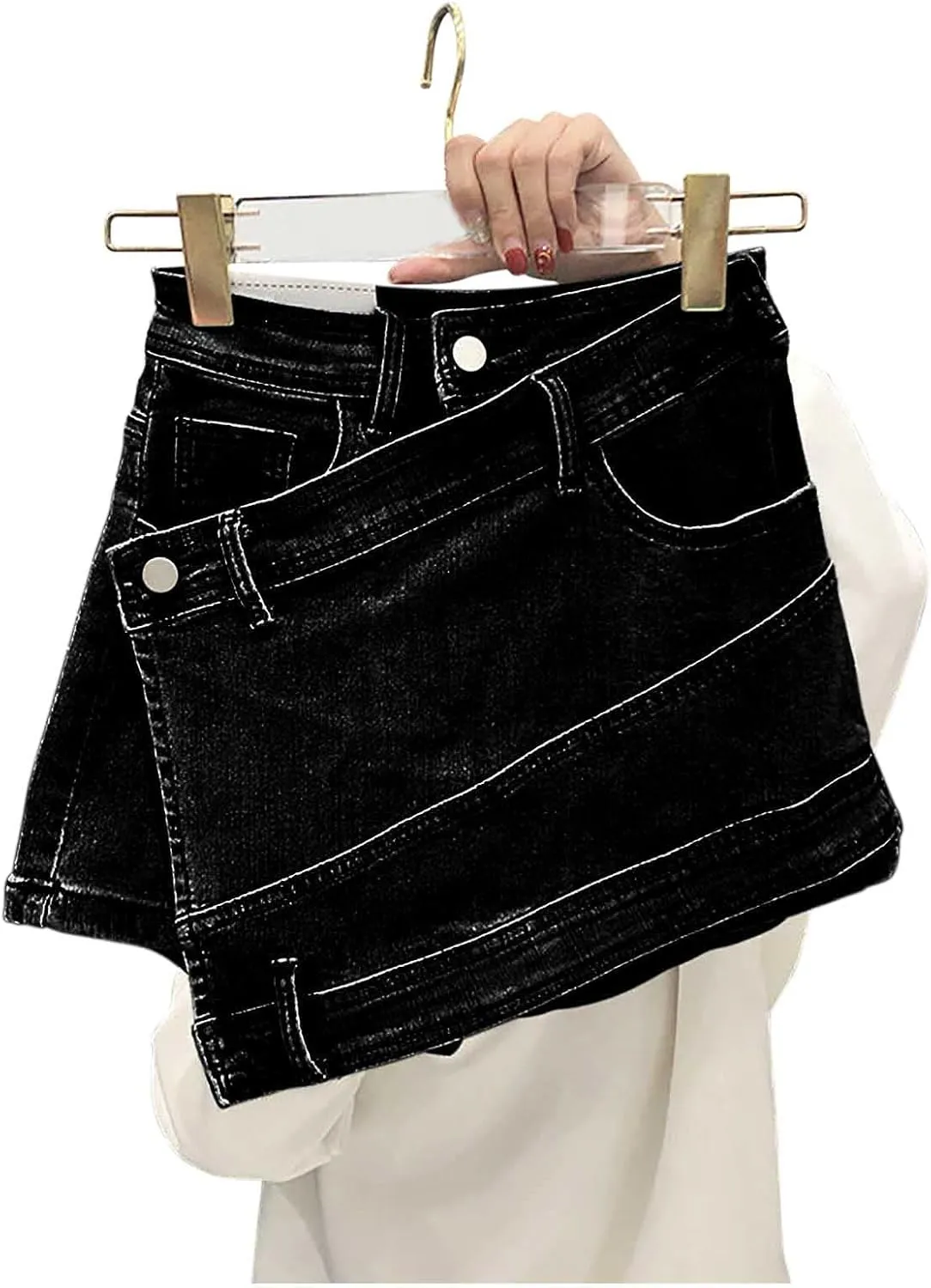 Uillui Women's Y2K Distressed Booty Denim Skorts Trendy High Waist Asymmetrical Hem Stretchy Skinny Jean Skorts Skirt Shorts
