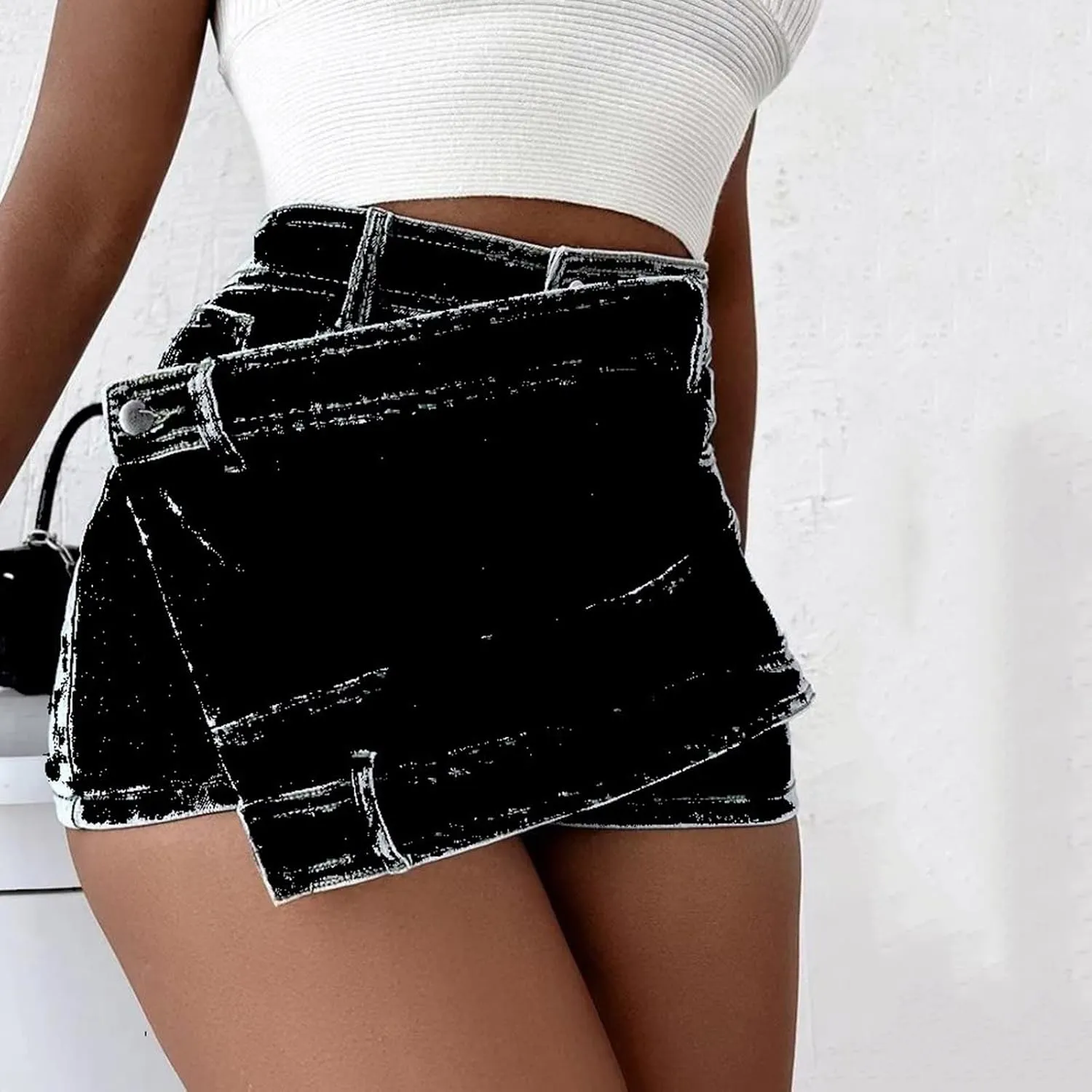 Uillui Women's Y2K Distressed Booty Denim Skorts Trendy High Waist Asymmetrical Hem Stretchy Skinny Jean Skorts Skirt Shorts