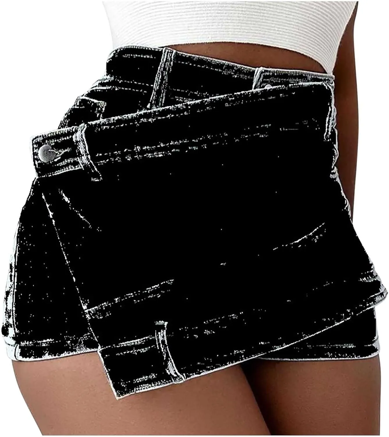 Uillui Women's Y2K Distressed Booty Denim Skorts Trendy High Waist Asymmetrical Hem Stretchy Skinny Jean Skorts Skirt Shorts