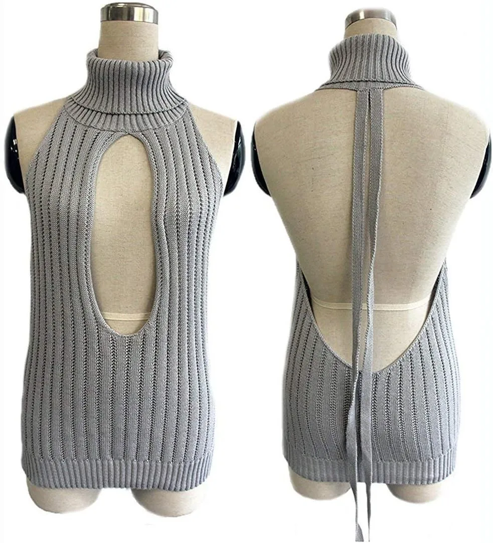 Unibaby Japan Style Women's Turtleneck Pullover Deep V-Neck Sleeveless Knitted Hi Low Anime Sweater Vest Top