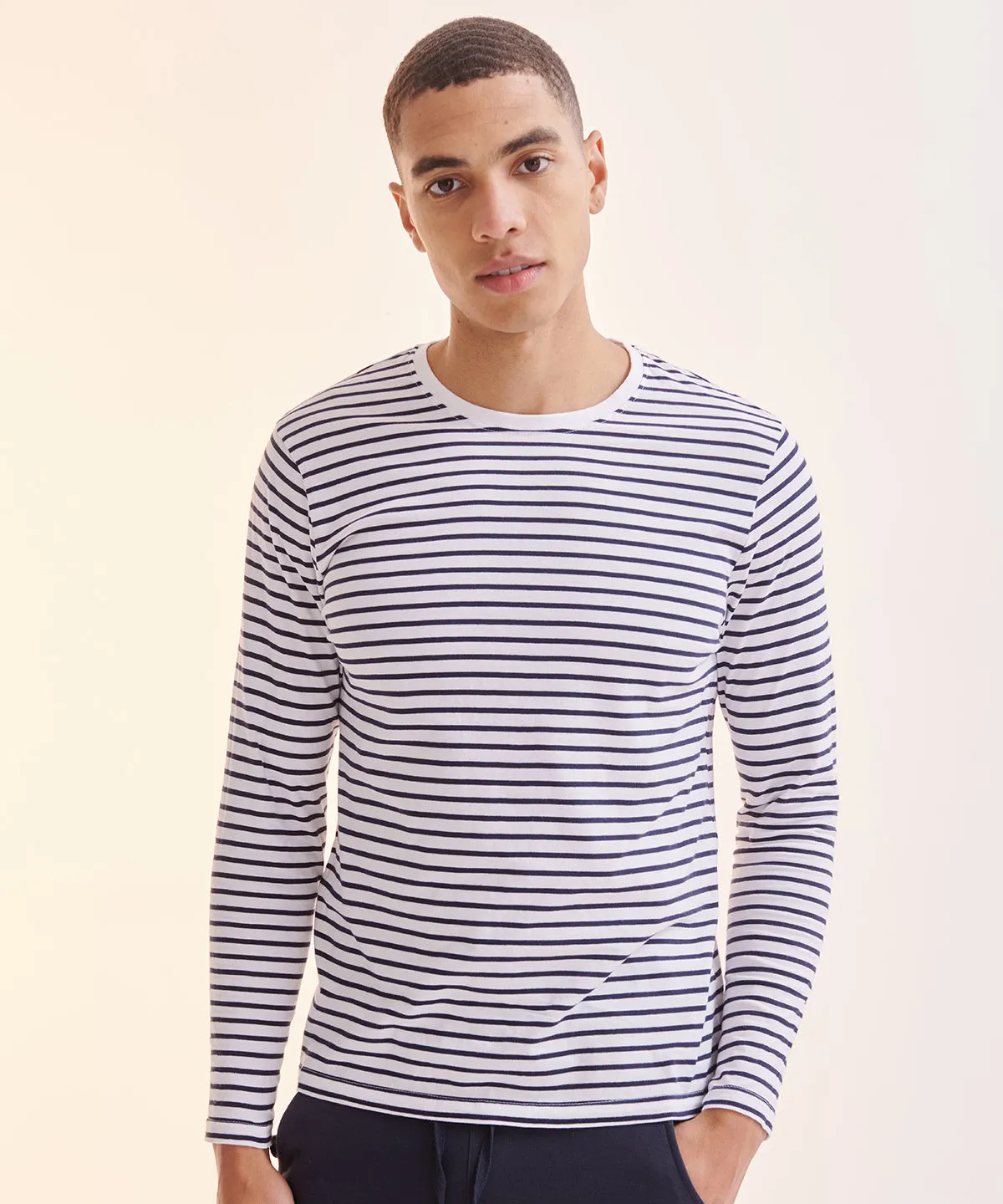 Unisex long-sleeved striped T | White/Oxford Navy