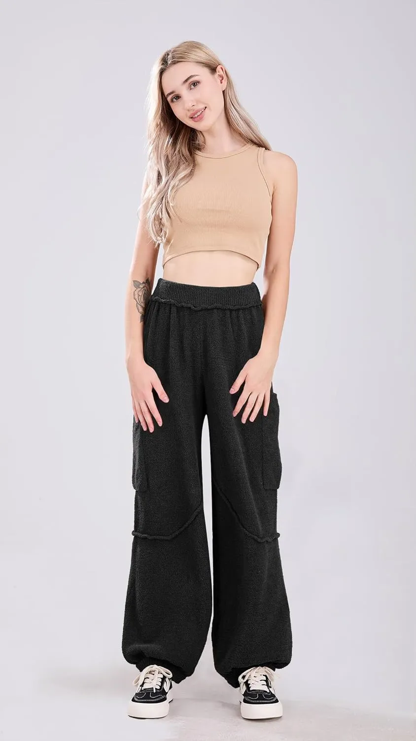 utcoco Women's Fuzzy Fleece Wide Leg Pants Elastic Waist Knit Pants Casual Comfy Lounge Trousers with Pockets