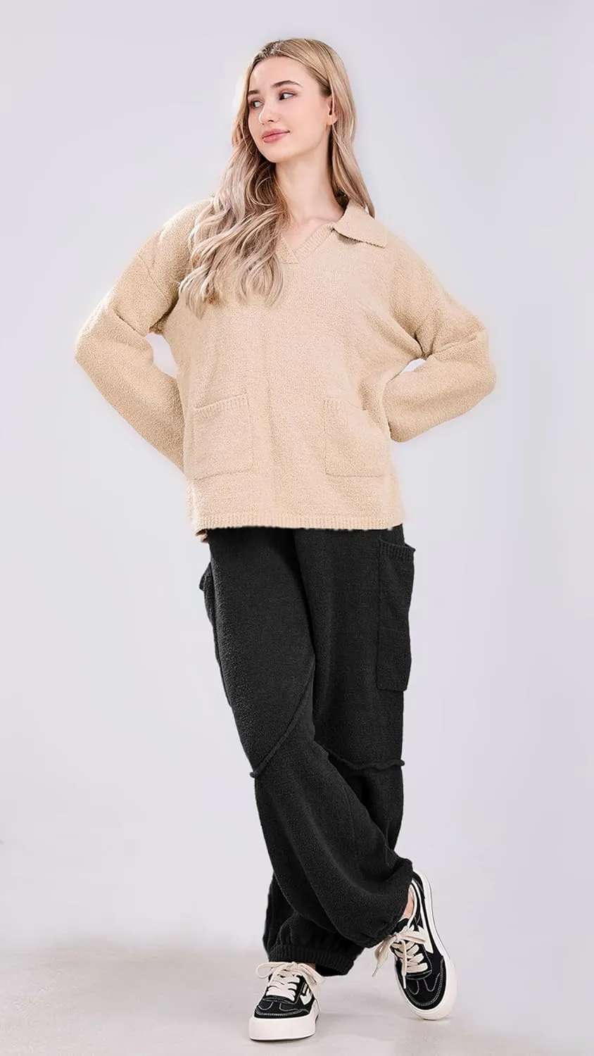 utcoco Women's Fuzzy Fleece Wide Leg Pants Elastic Waist Knit Pants Casual Comfy Lounge Trousers with Pockets
