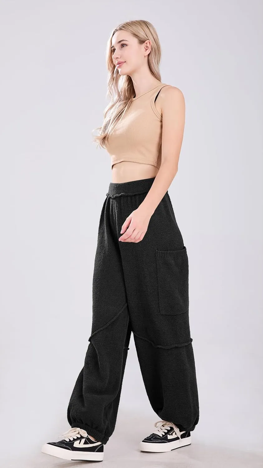 utcoco Women's Fuzzy Fleece Wide Leg Pants Elastic Waist Knit Pants Casual Comfy Lounge Trousers with Pockets