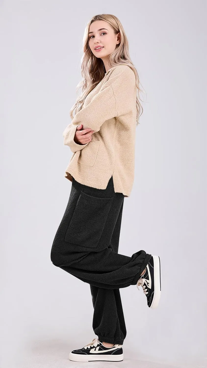 utcoco Women's Fuzzy Fleece Wide Leg Pants Elastic Waist Knit Pants Casual Comfy Lounge Trousers with Pockets