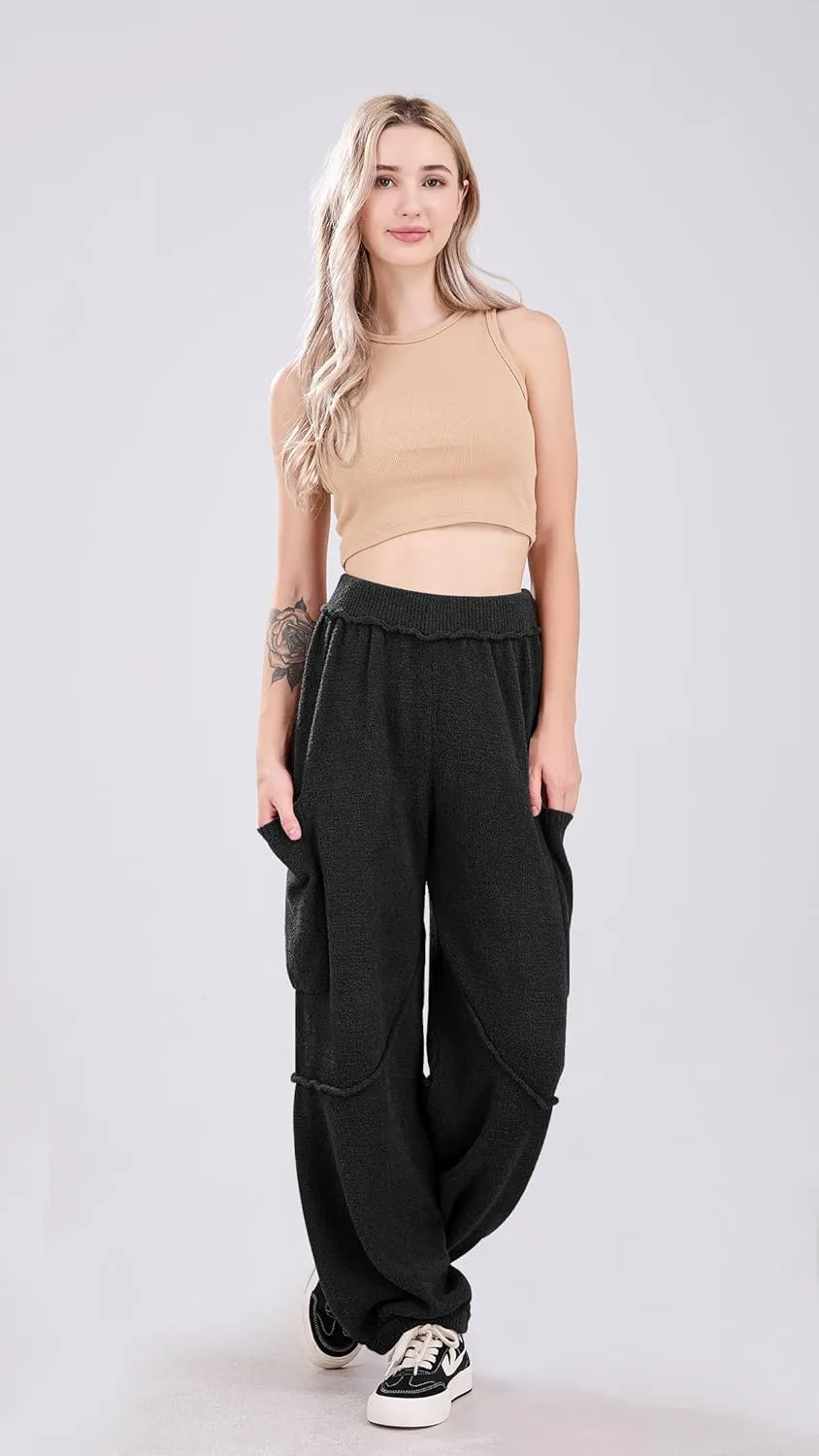 utcoco Women's Fuzzy Fleece Wide Leg Pants Elastic Waist Knit Pants Casual Comfy Lounge Trousers with Pockets