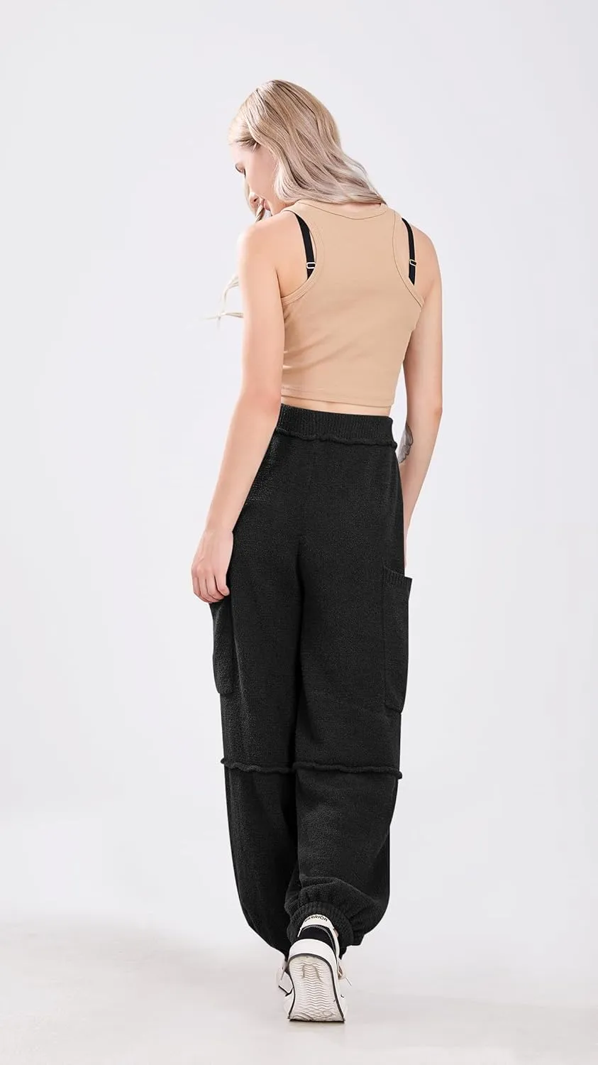 utcoco Women's Fuzzy Fleece Wide Leg Pants Elastic Waist Knit Pants Casual Comfy Lounge Trousers with Pockets