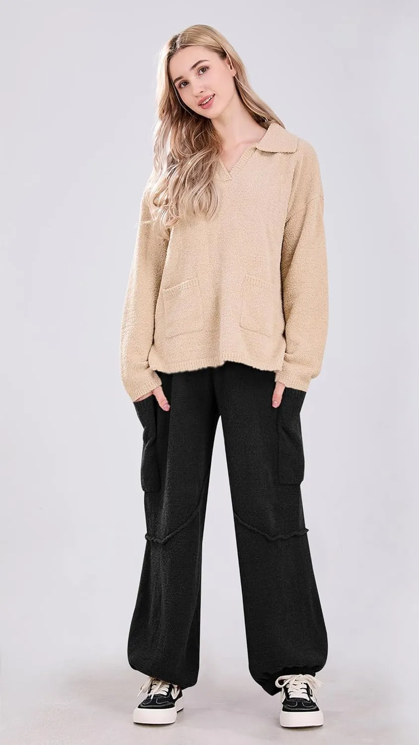 utcoco Women's Fuzzy Fleece Wide Leg Pants Elastic Waist Knit Pants Casual Comfy Lounge Trousers with Pockets