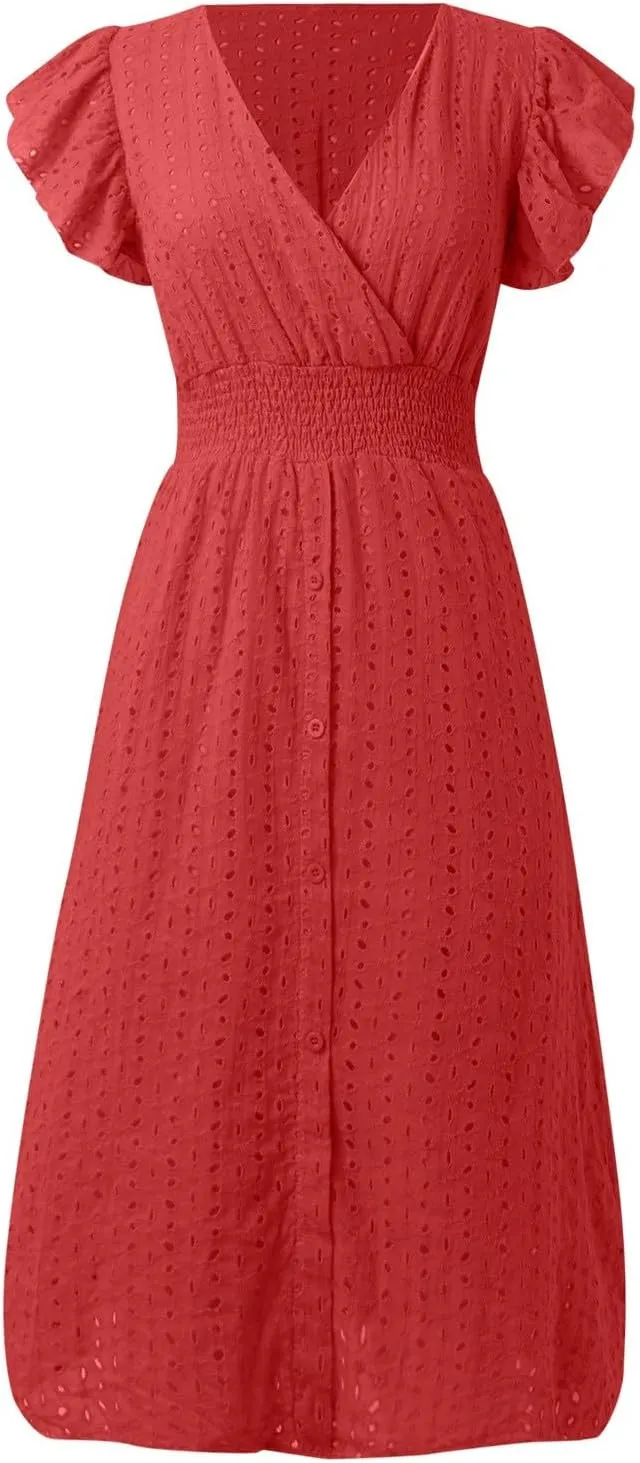 Vacation Dresses for Women 2025 Summer Trendy Eyelet Ruffle Sleeve V Neck Midi Dress Flowy A Line Beach Sundress