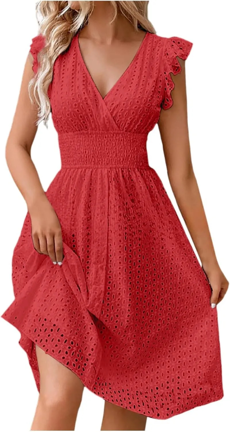 Vacation Dresses for Women 2025 Summer Trendy Eyelet Ruffle Sleeve V Neck Midi Dress Flowy A Line Beach Sundress