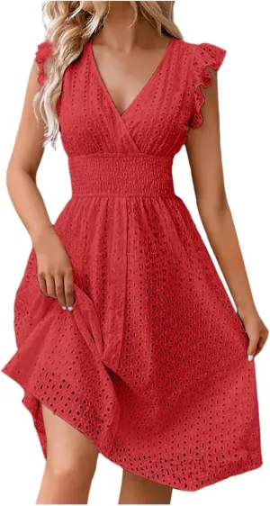 Vacation Dresses for Women 2025 Summer Trendy Eyelet Ruffle Sleeve V Neck Midi Dress Flowy A Line Beach Sundress