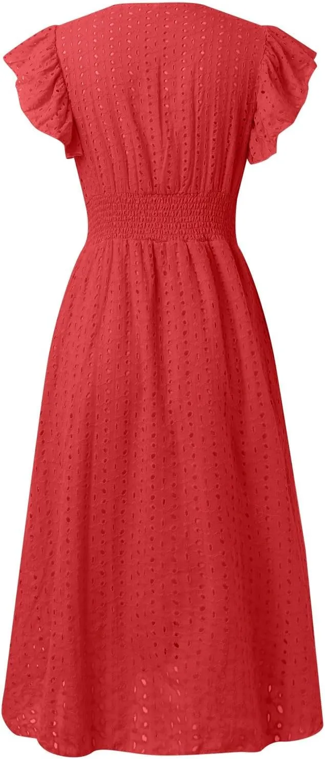 Vacation Dresses for Women 2025 Summer Trendy Eyelet Ruffle Sleeve V Neck Midi Dress Flowy A Line Beach Sundress
