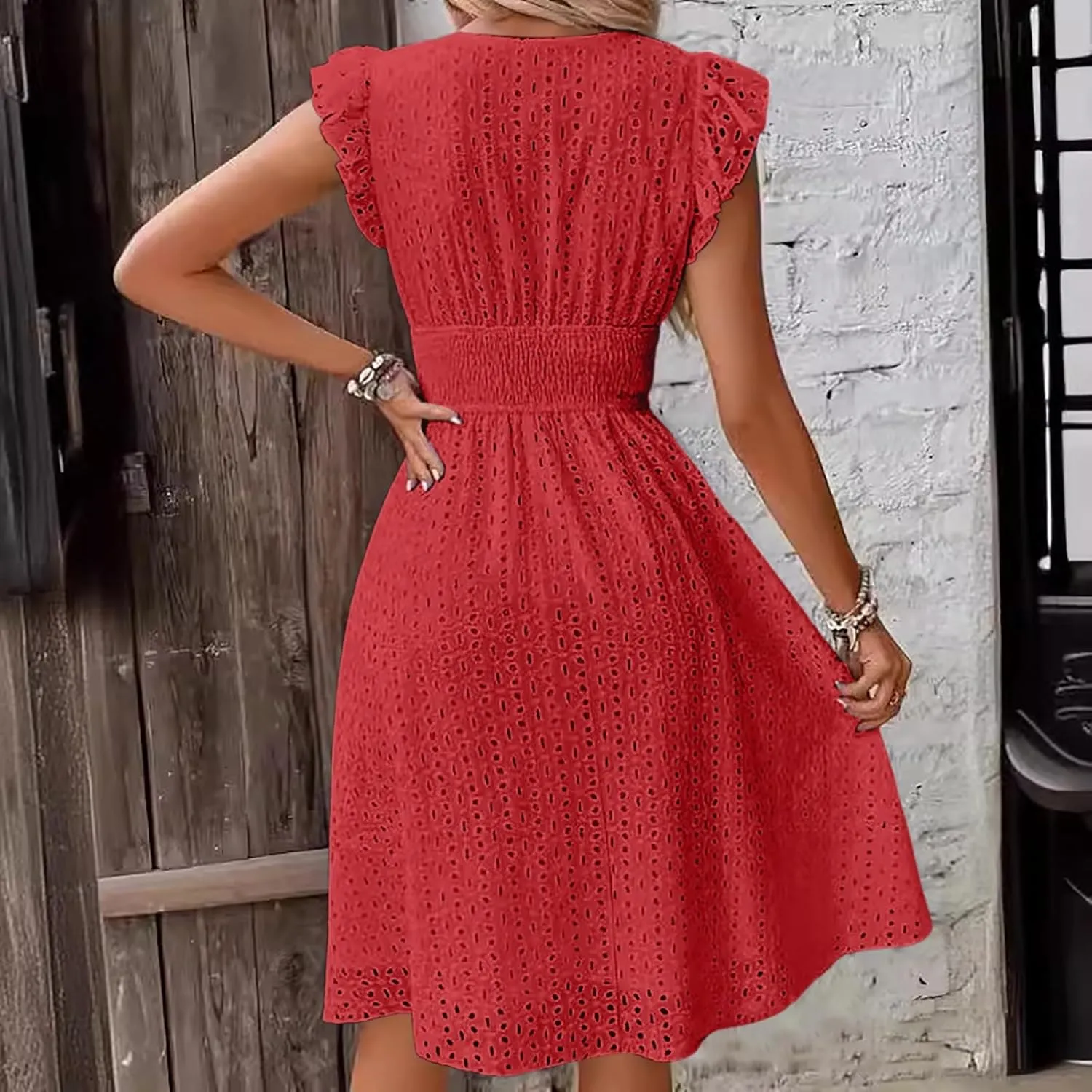 Vacation Dresses for Women 2025 Summer Trendy Eyelet Ruffle Sleeve V Neck Midi Dress Flowy A Line Beach Sundress