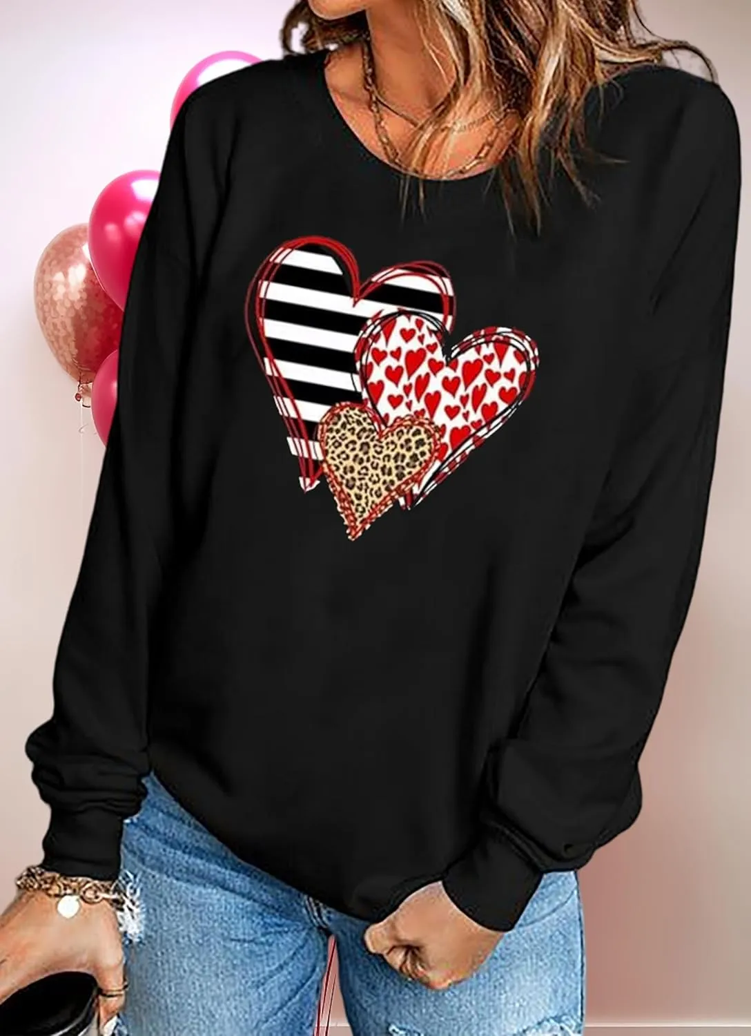 Valentine's Day Women's Funny Love Heart Graphic Shirt - Casual Long Sleeve Pullover Top
