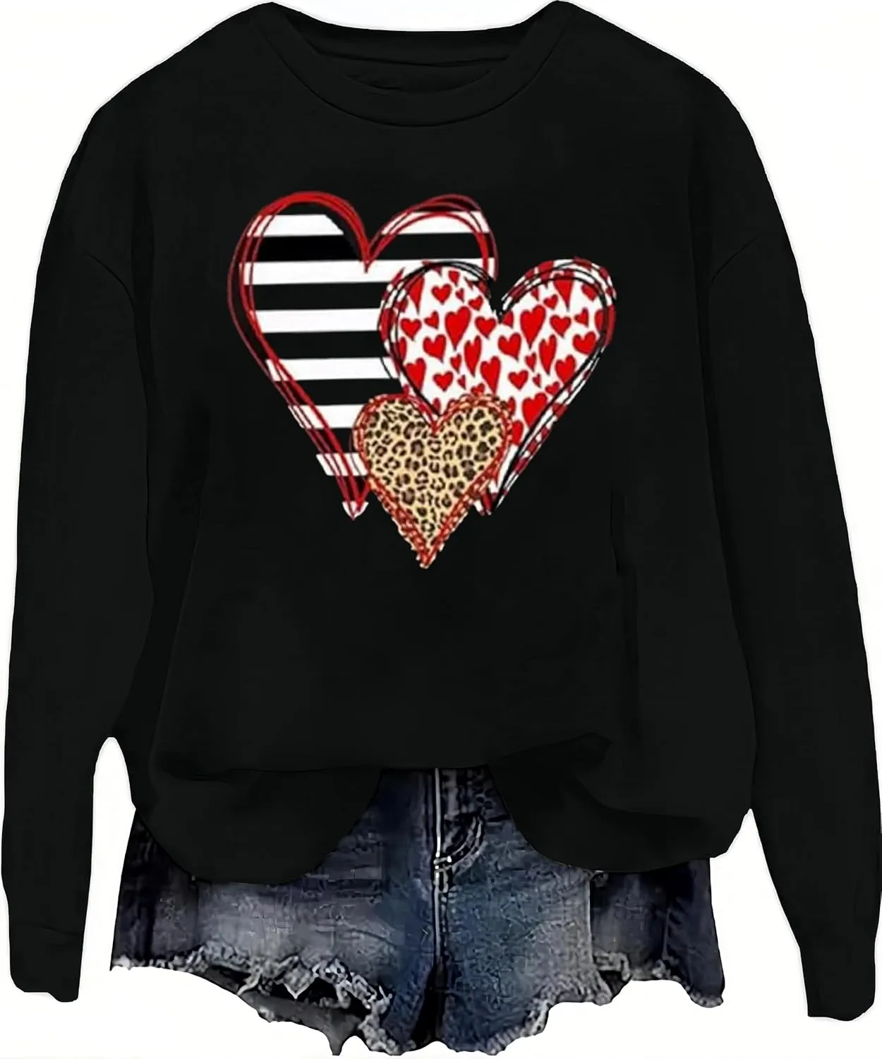 Valentine's Day Women's Funny Love Heart Graphic Shirt - Casual Long Sleeve Pullover Top