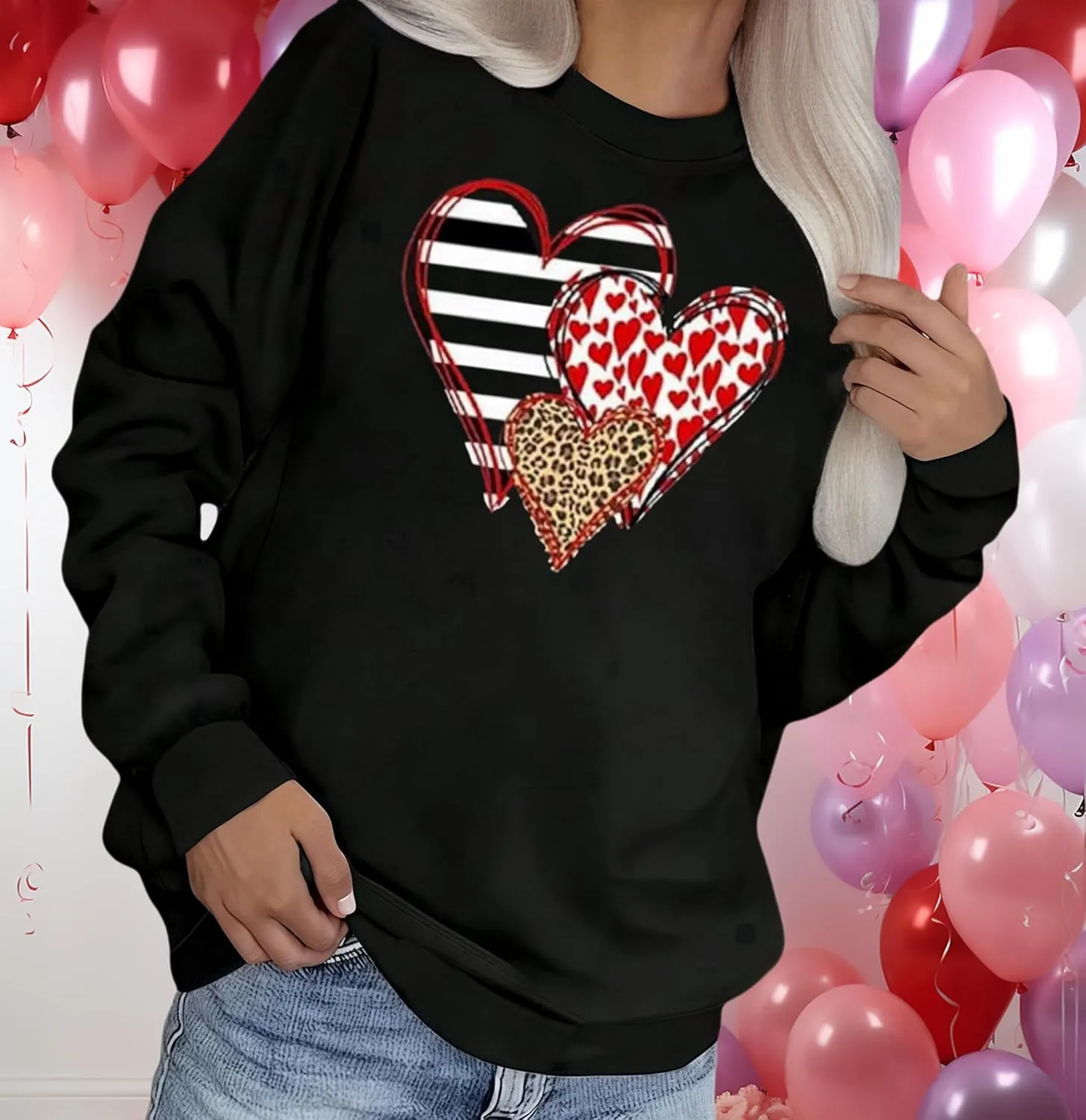 Valentine's Day Women's Funny Love Heart Graphic Shirt - Casual Long Sleeve Pullover Top