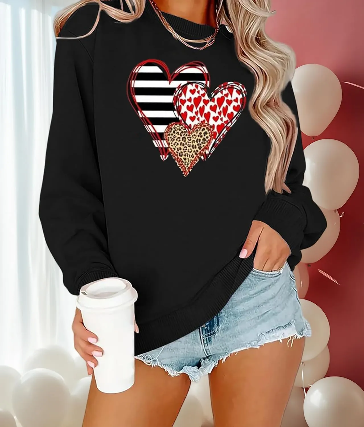 Valentine's Day Women's Funny Love Heart Graphic Shirt - Casual Long Sleeve Pullover Top