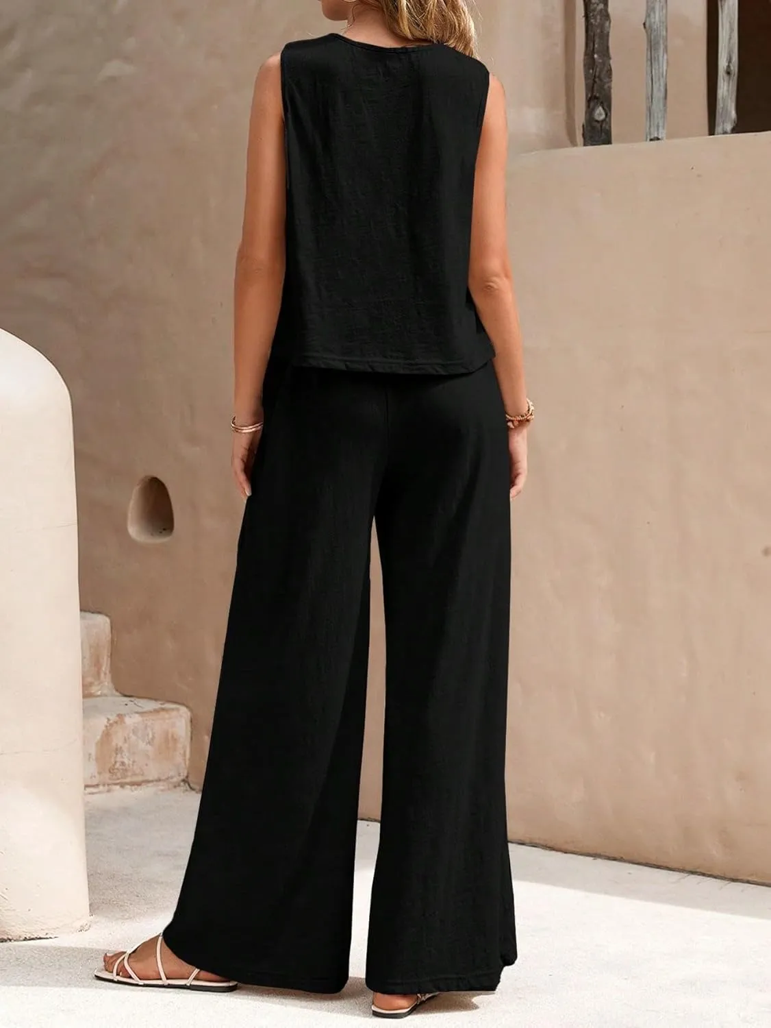 Verdusa Women's 2 Piece Outfit Loose Tank Top and Wide Leg Pants Sets